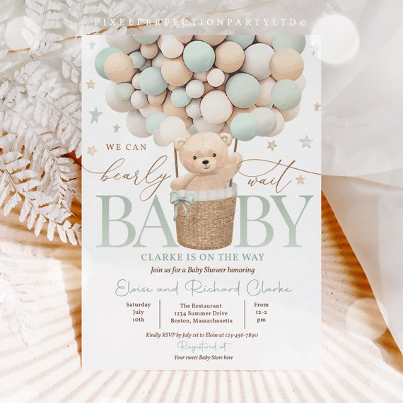 Gender Neutral Teddy Bear Baby Shower Invitations, Green Balloon