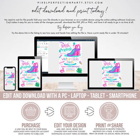 Editable Waterslide Birthday Party Invitation Water Slide Bash Etsy