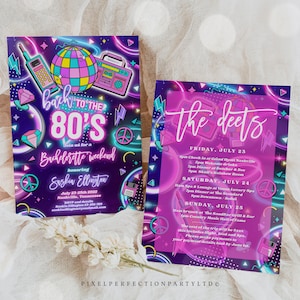 May include: A neon pink and purple invitation for a hen do weekend with the text "Back to the 80's" and "The Deets". The invitation includes a list of events for the weekend, including a spa day, dinner, and a country music hall of fame visit.