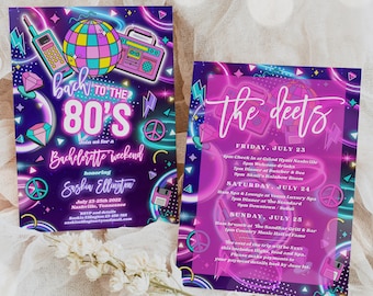 Editable 80s Bachelorette Weekend Invitation And Itinerary Back To The 80s Neon Retro Rewind 1980s 1990s Y2K Bachelorette Instant File Y7