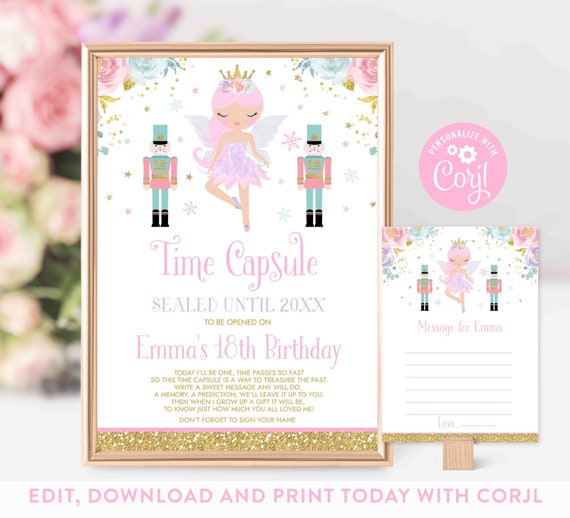 Nutcracker Time Capsule And Matching Note Card Sugar Plum Fairy Time Capsule Nutcracker Ballet Party Instant Download Editable File Corjl 1H Il_570xn