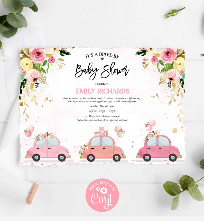Editable Drive by Baby Shower Parade Invitation Pink Floral Etsy