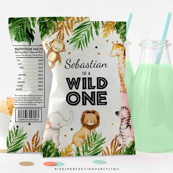 Editable Safari Chip Bag Safari Wild One Birthday Party Chip Bag Favors Jungle Animals Wild One Chip Pouch Party Favors Instant Download 25