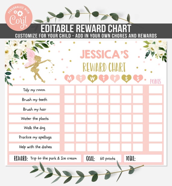 Editable Fairy Reward Chart Floral Fairy Kids Chore Pink Gold Floral Kids Chore Chart Routine Chart Responsibility Chart Instant Download Il_570xn