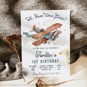 Editable Airplane Birthday Party Invitation Oh My Time Flies Birthday Party Vintage Travel Airplane 1st Birthday Party Instant Download 96Y