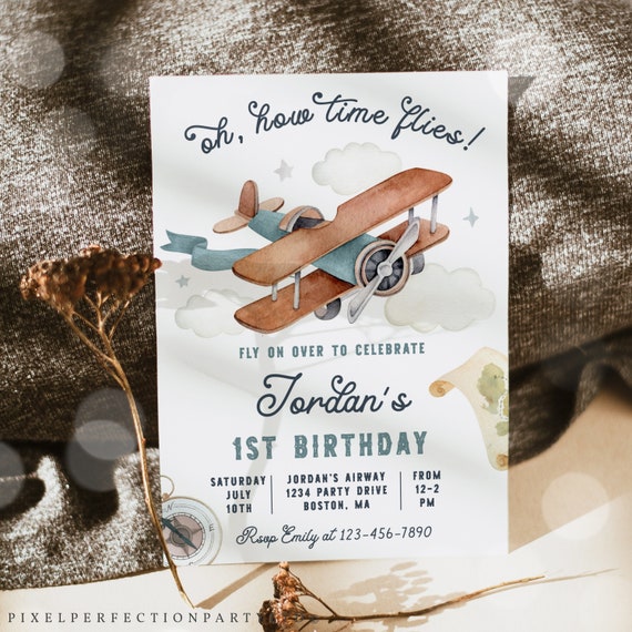 Editable Airplane Birthday Party Invitation Oh My Time Flies Birthday Party Vintage Travel Airplane 1st Birthday Party Instant Download 96Y