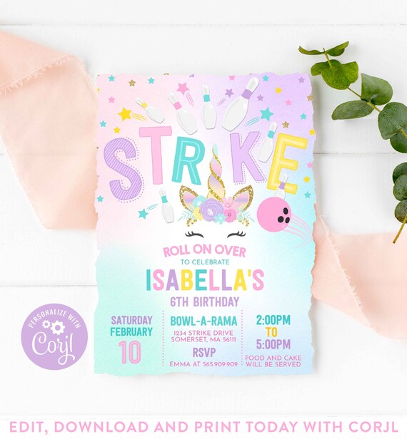 Unicorn Bowling Invitation Unicorn Bowling Birthday Invitation Strike Bowling Party Bowling Party Instant Editable File Corjl L9 Il_570xn