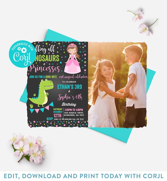 Princess And Dinosaur Birthday Invitation Sibling Princess And Dinosaur Party Sibling Girl Boy Dual Party Instant Download Editable PDF J8 Il_570xn