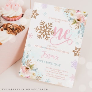 WINTER ONEderland Invitation Pink & Rose Gold Winter ONEderland Invitation Floral Winter ONEderland Party Instant Download Editable Corjl FW