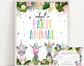 Adopt An Animal Adoption Certificate Safari Adoption Certificate And Sign Set Party Animals Adoption Certificate & Sign Instant Download PS