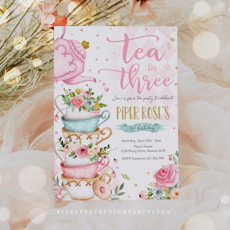Editable Tea For Three Birthday Invitation Tea For Three 3rd Birthday Party Pink Gold Floral Whimsical Tea Party Instant Download TR image 5