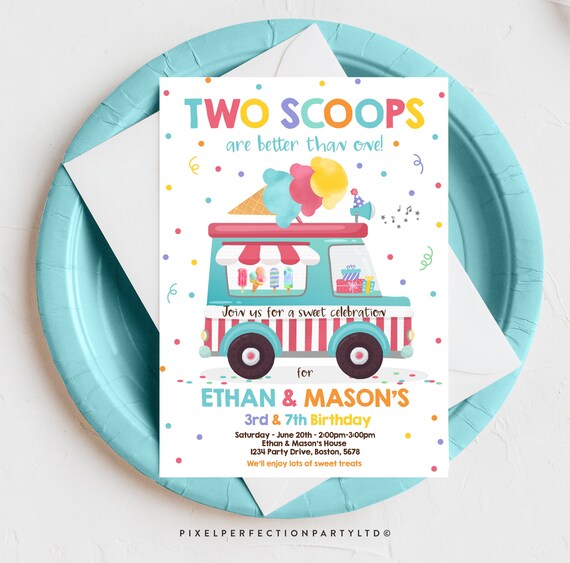 Editable Ice Cream Truck Twin Birthday Invitation Twin Ice Cream Birthday Invitation Two Scoops Are Better Than One Twin Instant Download IC Il_570xn
