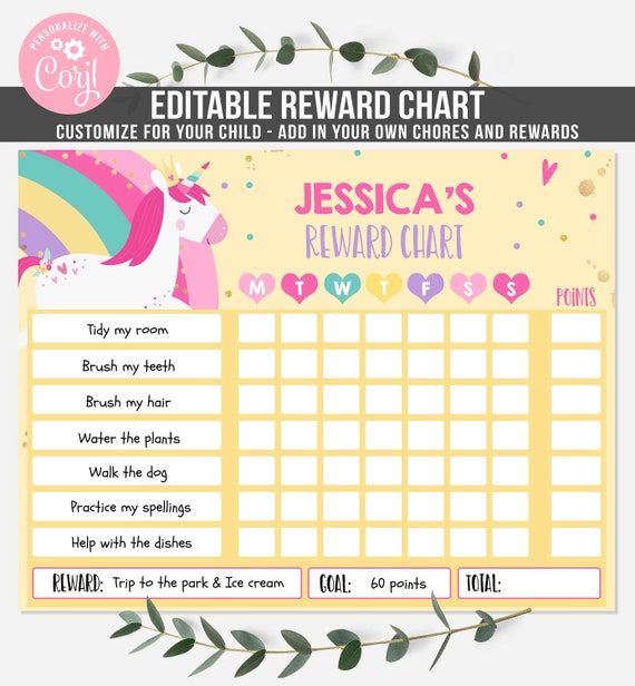Editable Unicorn Reward Chart Unicorn Kids Chore Chart Kids Unicorn Routine Chart Kids Responsibility Chore Chart Instant Download File Il_570xn