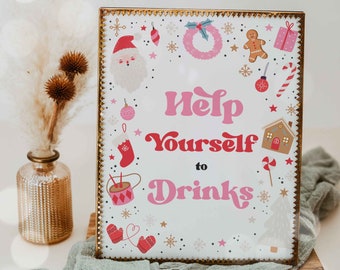 Christmas Birthday Party Help Yourself Drinks Sign Oh What Fun Christmas Birthday Red & Pink Girl Christmas Party Decor Instant Download HHY