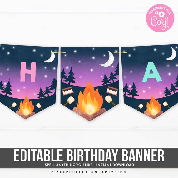 EDITABLE S'mores Happy Birthday Banner Bonfire S'mores Birthday Banner Fully Editable Backyard Sleepover S'mores Party Instant Download AS Il_570xn