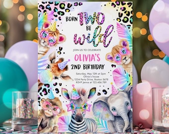 Editable Born Two Be Wild Safari Animals Birthday Invitation Pastel Rainbow Cheetah Print Safari Animals Birthday Party Invite Download XQ
