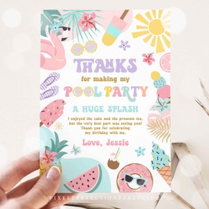 Editable Pool Party Thank You Card Tropical Splish Splash Girly Pool Party Summer Swimming Pool Splash Pad Party Instant Download FK