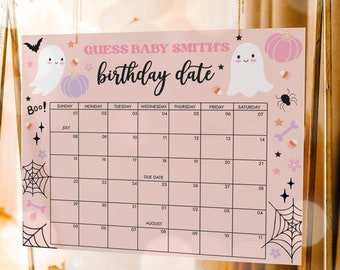 May include: A pink and white printable calendar with a Halloween theme. The calendar is decorated with ghosts, pumpkins, spiders, and candy corn. The text "GUESS BABY SMITH'S birthday date*" is at the top of the calendar. The calendar is for the months of July and August.