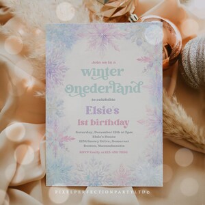 Editable Winter Onederland Invitation Pink Purple And Silver Whimsical Watercolor Snowflake Winter ONEderland Birthday Instant Download W8P