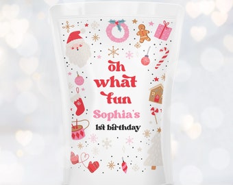 Editable Christmas Birthday Party Juice Pouch Labels Oh What Fun Christmas Birthday Party Red Pink Girl Christmas Party Instant Download HHY