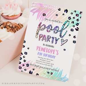Editable Pool Party Invitation Girly Rainbow Cheetah Print Pool Birthday Party Summer Pool Party Bash Birthday Party Instant Download PX