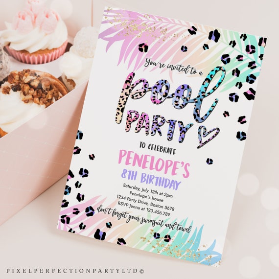Editable Pool Party Invitation Girly Rainbow Cheetah Print Pool Birthday Party Summer Pool Party Bash Birthday Party Instant Download PX Il_570xn