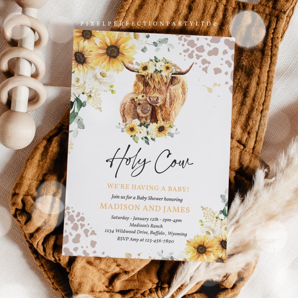Editable Sunflower Cow Baby Shower Invitation Holy Cow We're Having A Baby Summer Highland Cow Baby Shower Invitation Instant Download QS