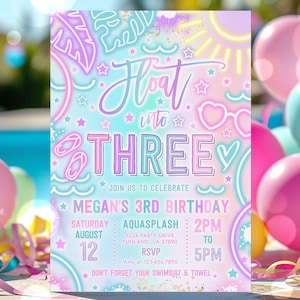 May include: A pastel-coloured birthday invitation with the words "Float into THREE". The invitation features stars, hearts, and sunglasses. The invitation includes the party details: date, time, and location. The invitation is for a third birthday.