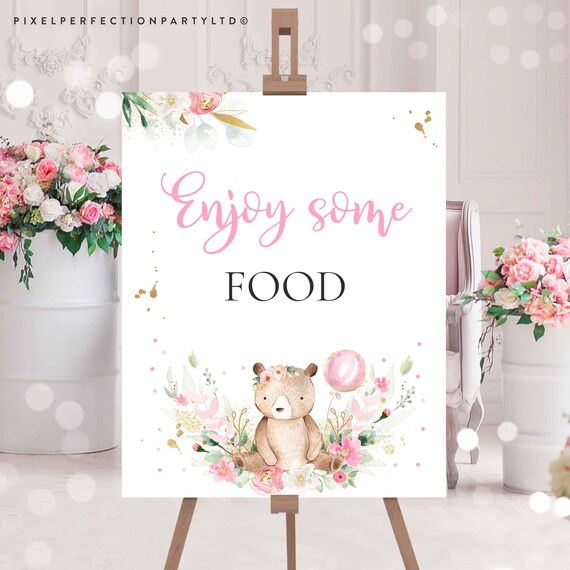 Teddy Bear Baby Shower Table Sign Enjoy Some Food Sign We Can Bearly Wait Baby Shower Signs Blue Floral Boy Teddy Bear Baby Shower TB Il_570xn