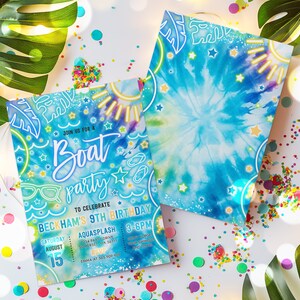 May include: A blue and green tie-dye invitation with neon yellow accents. The invitation is for a boat party to celebrate Beckham's 9th birthday. The text on the invitation reads "Join us for a Boat Party to Celebrate Beckham's 9th Birthday. Saturday, August 15. Aquasplash 3-6pm. 1234 Party Drive, Somerset, MA 50111. RSVP Emma at 565.909.900. Don't forget your swimsuit and towel."