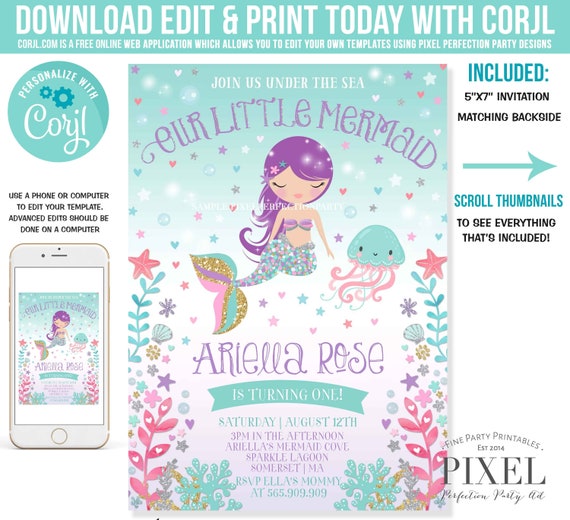 Mermaid Invitation Mermaid Birthday Invitation Under The Sea Birthday Invite Under The Sea Party Whimsical Mermaid Under The Sea Party 5P Il_570xn