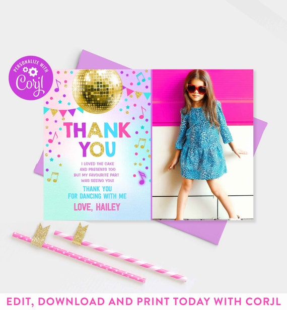 Editable Dance Party Thank You Card Disco Party Birthday Thank You Card Glow Dance Party Neon Glow Dance Party Disco Instant Download L8 Il_570xn