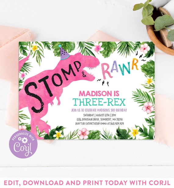 Dinosaur 3rd Birthday Invitation Dinosaur Three-Rex Invitation Pink Girl Dinosaur Third Birthday Instant Download Editable File 15 Il_570xn