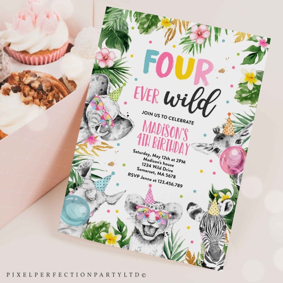 Editable Four Ever Wild Birthday Invitation Safari Animals FourEver Wild 4th Birthday Party Gold Monochrome Jungle Party Instant Download PS Il_570xn