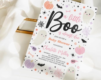Editable Little Boo Baby Shower Invitation Pink Ghost Girl Baby Shower Invitation Halloween Pink Ghost Baby Shower Instant Download V3