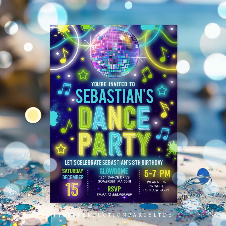 May include: A neon green and blue invitation for a dance party. The invitation features a disco ball, music notes, and stars. The text reads "You're invited to Sebastian's Dance Party. Let's celebrate Sebastian's 8th birthday. Glowdome, Saturday December 15, 1234 Dance Drive Somerset, MA 56111, RSVP Emma at 565.909.909, 5-7 PM Wear neon or white to glow party!"