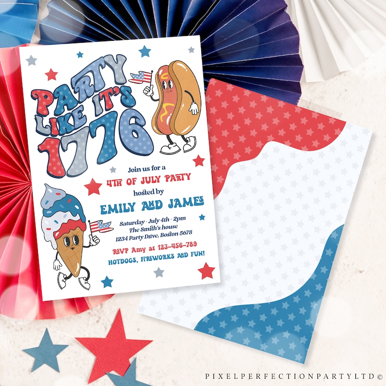 Op de afbeelding: Een patriottische uitnodiging voor een 4 juli-feest. Het ontwerp toont de tekst "Party Like It's 1776" met cartoon illustraties van een hotdog en een ijsje met Amerikaanse vlaggen. De uitnodiging bevat evenementdetails.