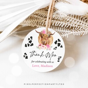 Editable Highland Cow Birthday Party Favor Tags Holy Cow Birthday Decor Pink Floral Farm Cow Birthday Favors Instant Download Editable C7