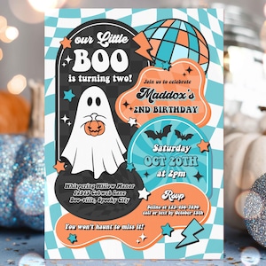 Editable Our Little Boo Is Turning Two Halloween Ghost 2nd Birthday Party Invitation Retro Groovy Ghost Halloween Party Instant Download TXQ