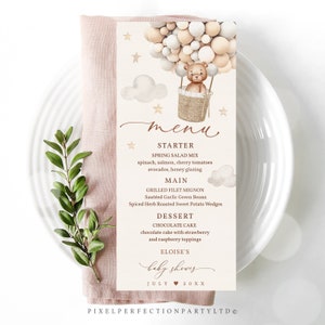 Editable Teddy Bear Hot Air Balloon Baby Shower Menu Card Gender Neutral Teddy Bear Baby Shower Menu Table Decorations Instant Download JJ