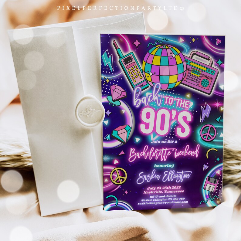Editable 90s Bachelorette Weekend Invitation And Itinerary Back To The 90s Neon Retro Rewind 1990s 2000s Y2K Bachelorette Instant File Y7 bild 5