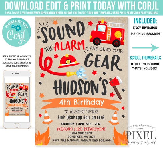 Firetruck Invitation Firetruck Birthday Invitation Firefighter Birthday Invite Fireman Birthday Invitation Instant Editable File Corjl X4 Il_570xn