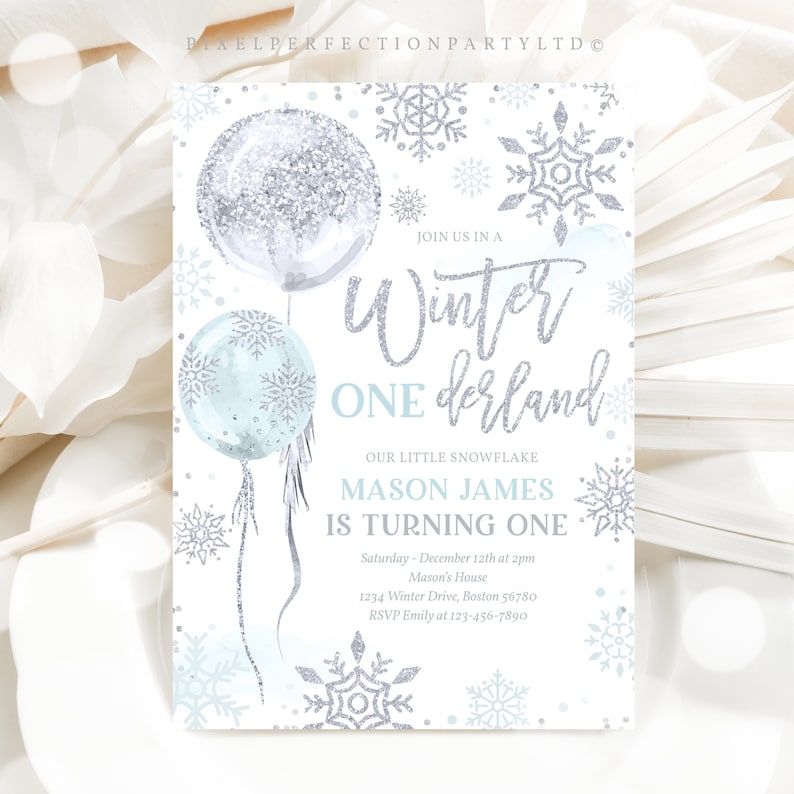 Editable WINTER ONEderland Invitation Blue And Silver Watercolor Snowflake Balloons Whimsical Winter ONEderland Birthday Instant Download HH image 1