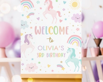 Editable Unicorn Birthday Welcome Sign Magical Pastel Rainbow Unicorn Birthday Party Whimsical Fairytale Unicorn Party Instant Download UY6
