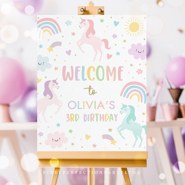 Editable Unicorn Birthday Welcome Sign Magical Pastel Rainbow Unicorn Birthday Party Whimsical Fairytale Unicorn Party Instant Download UY6