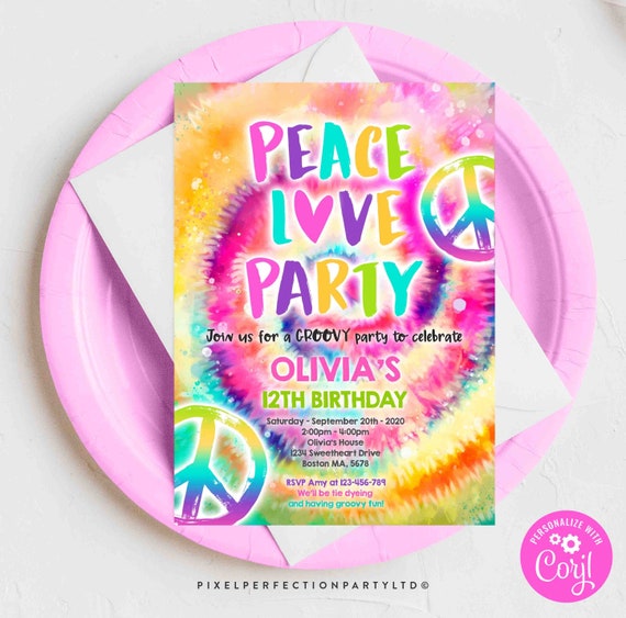 Editable Rainbow Tie Dye Birthday Party Invitation Peace Love Party Invite Hippie Birthday Party Pastel Tie Dye Party Instant Download TD Il_570xn