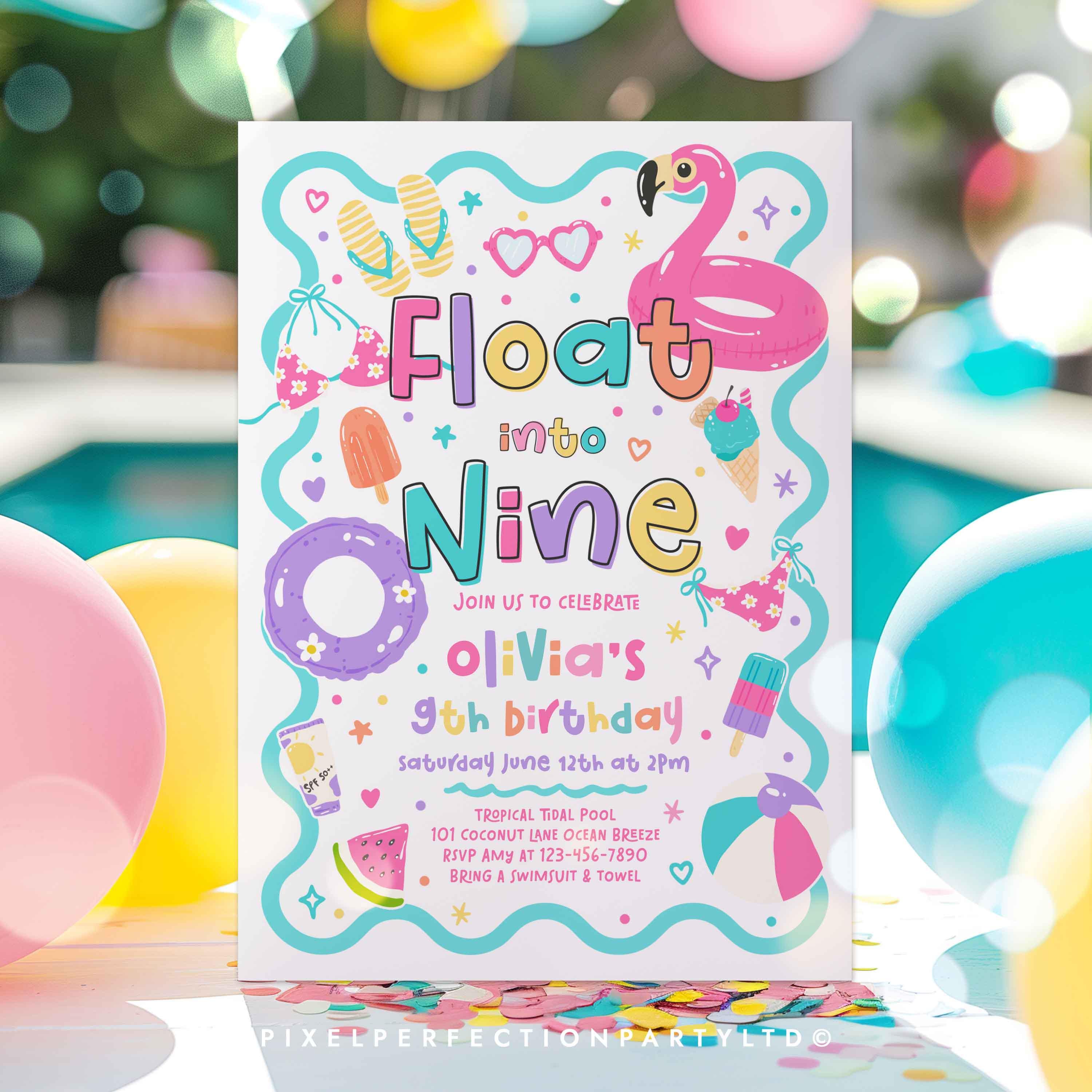 Floating Invite Editable Float Into Nine Pool Party Birthday Invitation, 9th Birthday ...