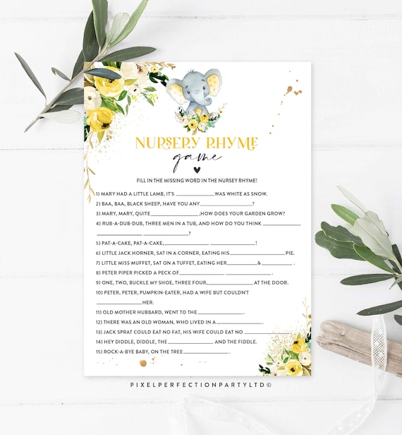 Elephant Nursery Rhyme Game Yellow Floral Elephant Nursery Rhyme Game Elephant Baby Shower Nursery Rhyme Game Instant download PE Il_570xn
