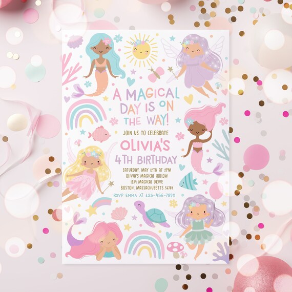 Editable Mermaid And Fairy Birthday Invitation Whimsical Enchanted Mermaid Fairy Party Magical Princess Party Instant Download Editable FO