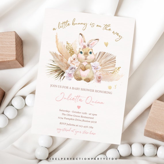 Editable Boho Bunny Rabbit Baby Shower Invitation Bohemian Pink Pampas Grass Girl Bunny Baby